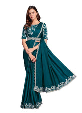 Turquoise Blue Crape Satin Silk Embroidered Ready to Wear Saree